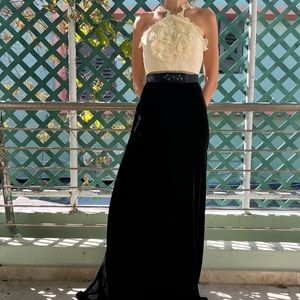 BCBG long gown with velvet skirt, waist detailing, and open back size 4